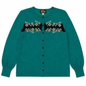 Bob Mackie Cardigan Sweater Women's Large Teal Geometric Embroidered Art to Wear